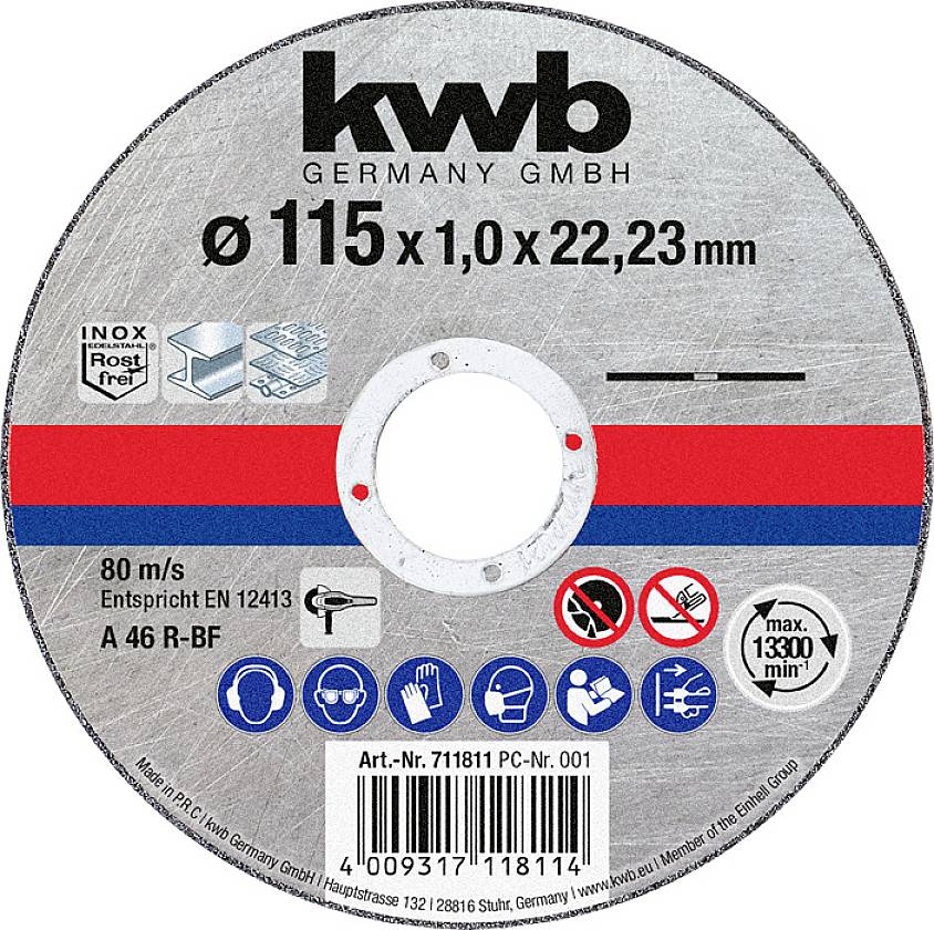 Slibeskive fra mærket 'kwb', diameter 115 mm, tykkelse 1,0 mm, boring 22,23 mm. Maks. hastighed 80 m/s, egnet til rustfrit stål.