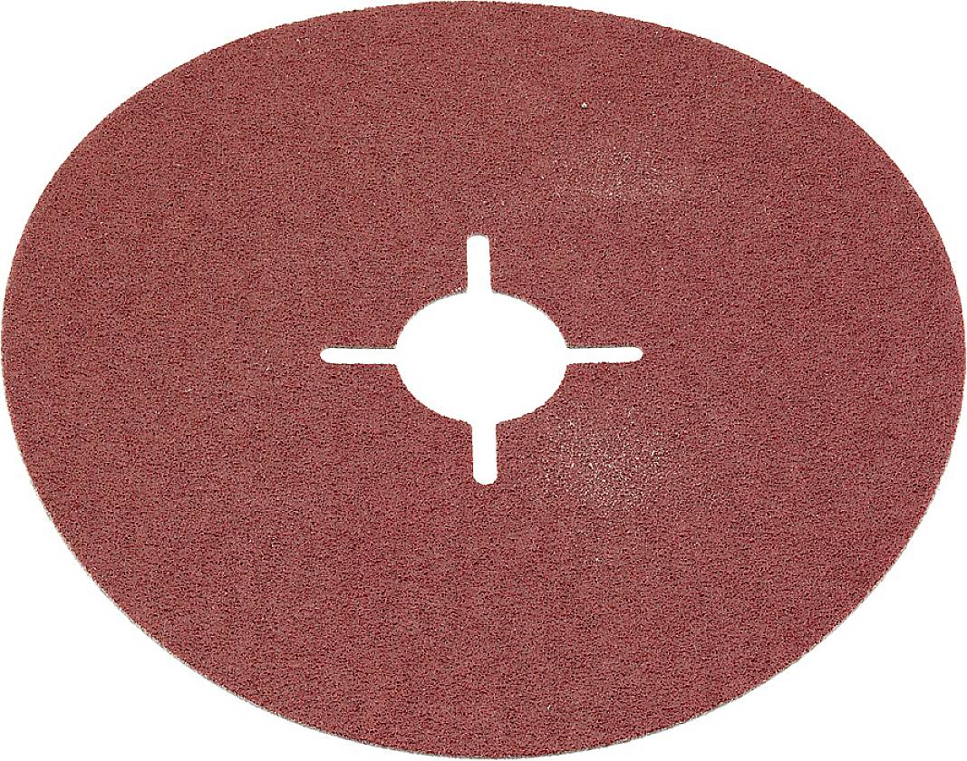 En rød slibeskive med midterhul og krydsformede indsnit rundt om centrum. Bruges til maskiner til overfladebehandling.