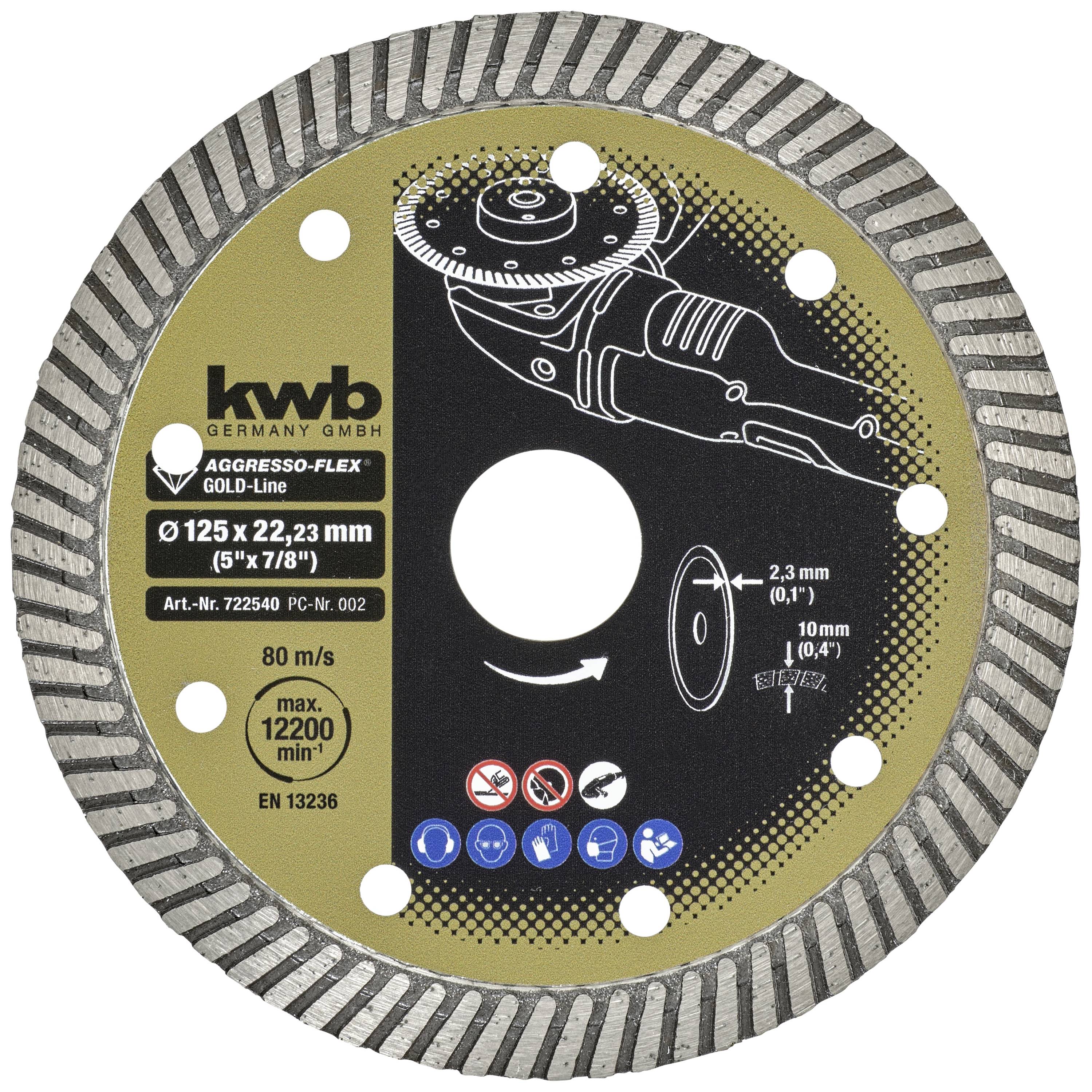 Slibeskive med påskriften 'kwb AGGRESSO-FLEX GOLD-Line', diameter 125 mm, maks. 12200 o/min, til beton og sten.