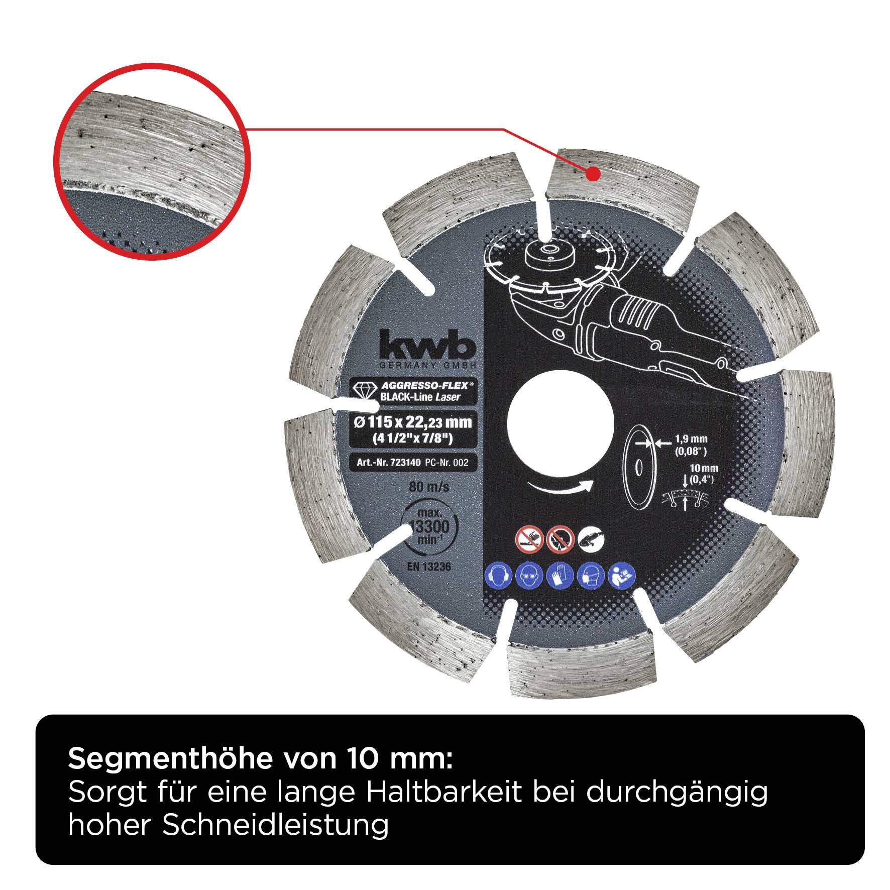 Her er illustreret en skæreskive med påskriften: Segmenthøjde på 10 mm. Sørger for lang holdbarhed med kontinuerligt høj skæreydelse.