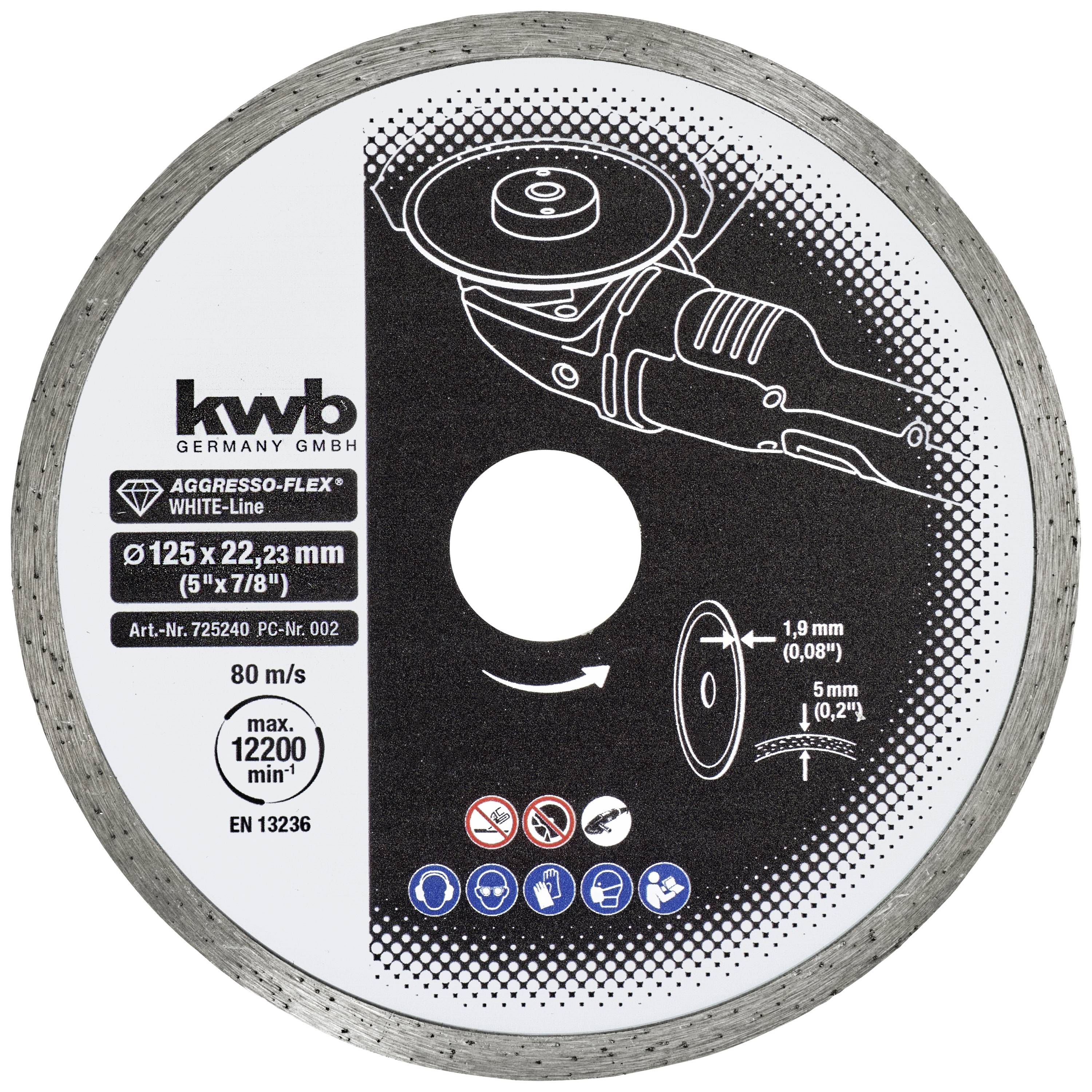 'kwb Aggresso-Flex' skæreskive til vinkelsliber. Diameter 125 mm, tykkelse 1,9 mm. Egnet til høj hastighed.