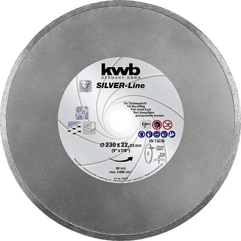 Slibeskive med mærkning: 'kwb Germany GmbH SILVER-Line' til tørsavning, diameter 230 mm, boring 22,23 mm.