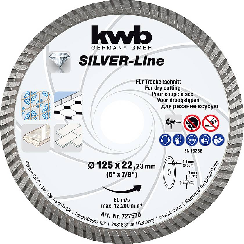Savklinge fra mærket kwb Germany SILVER-Line, 125 mm diameter, egnet til tørsavning, med piktogrammer til brug.