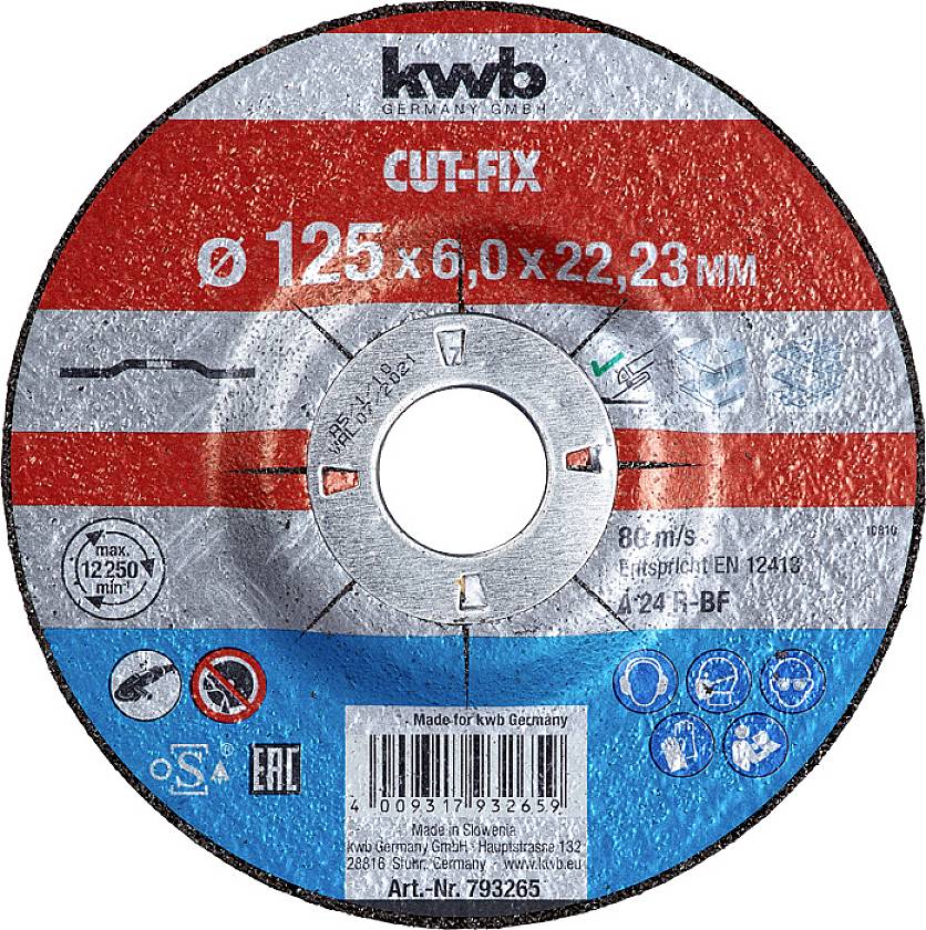 Skæreskive til metal, mærke 'KWB', diameter 125 mm, tykkelse 6 mm, hul 22,23 mm, maks. omdrejningstal 12.250 o/min.
