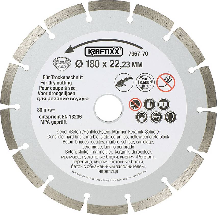 Skæreklinge til tørklipning, Ø 180 x 22,23 mm, egnet til beton, mursten, marmor; hastighed: 80 m/s, testet efter EN 13236.