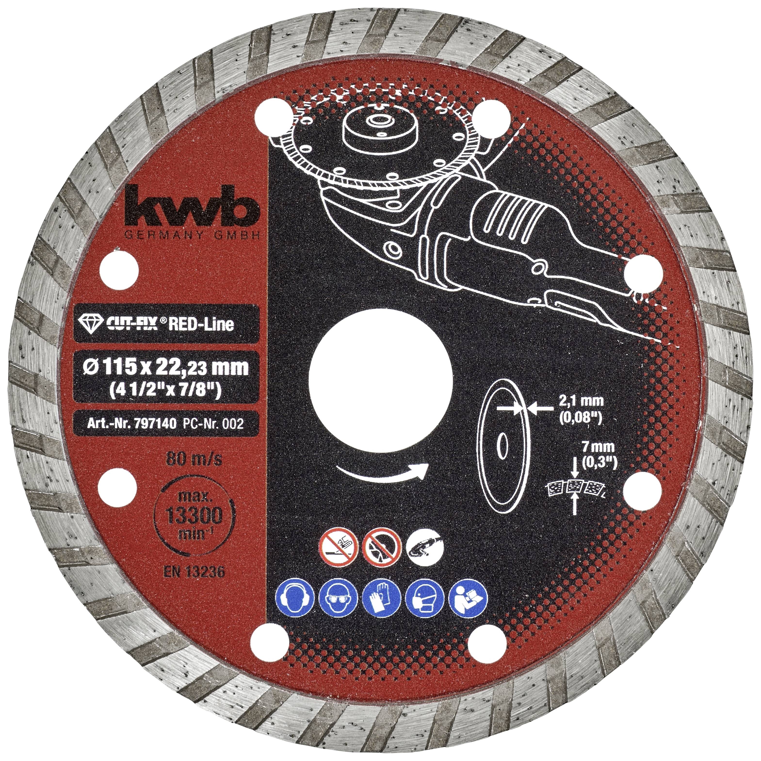 Slibeskive fra 'kwb Germany', diameter 115 x 22,23 mm, til maks. 13.300 omdr./min, med sikkerheds- og brugsanvisninger.