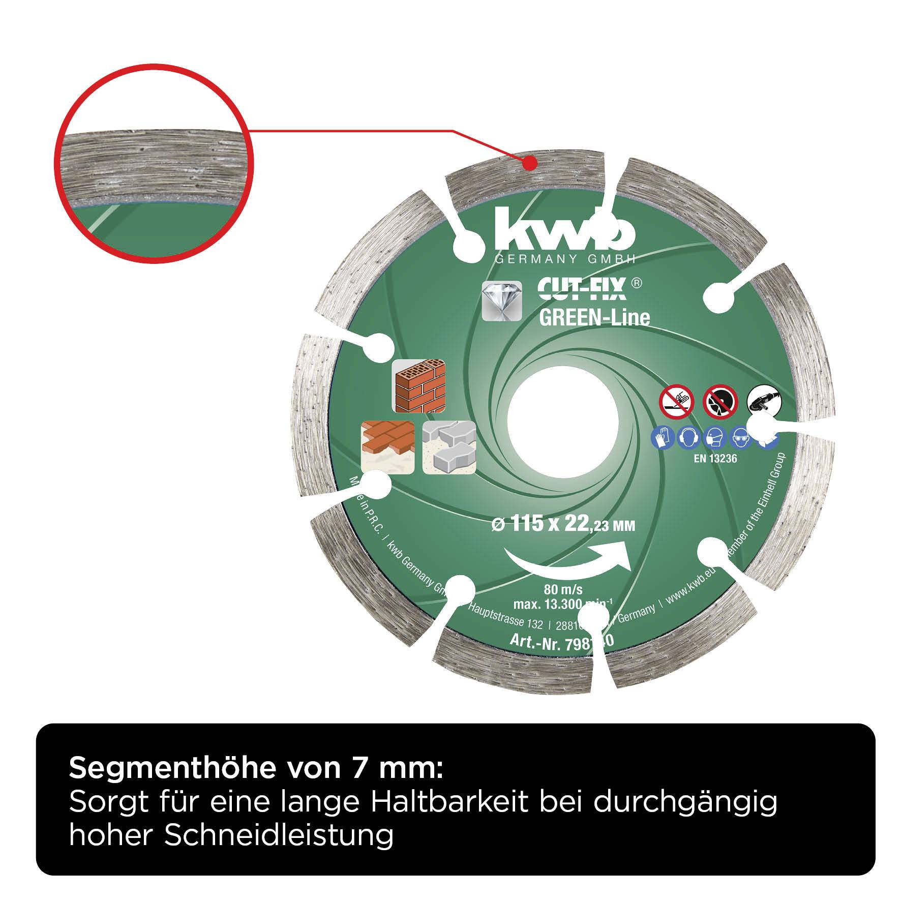 Grøn diamantskæreskive med 7 mm segmenthøjde. Bemærk lang levetid og høj skæreydelse. Egnet til stenbaseret materiale.