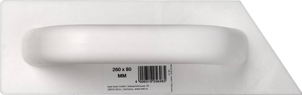 Et hvidt værktøj til at udjævne overflader med håndtag og rektangulær base. Mål: 260 x 80 mm. EAN-kode på undersiden.