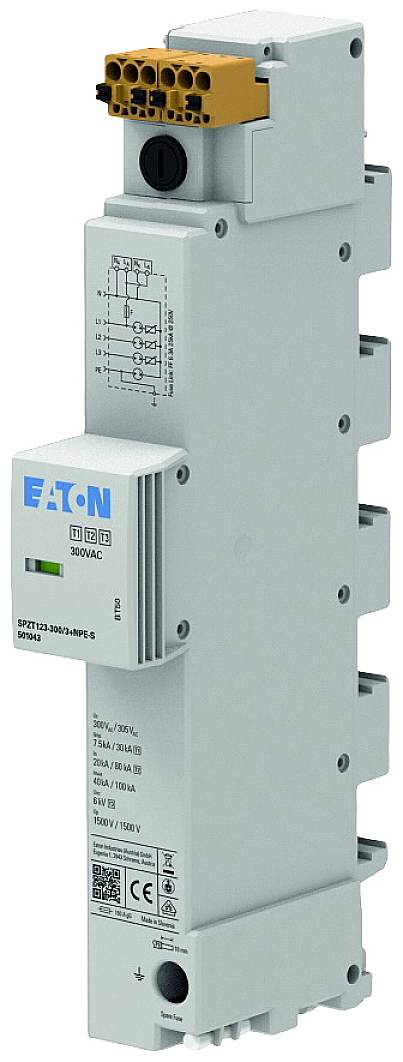 Et grå elektrisk modul fra Eaton med tekniske specifikationer og et kredsløbsdiagram på forsiden, egnet til industrielle anvendelser.