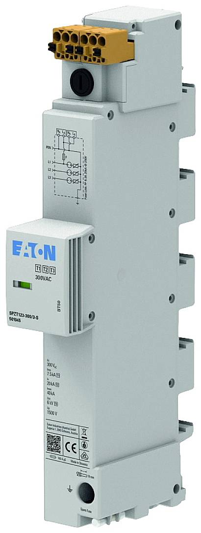 Et lysegrå overspændingsbeskyttelsesapparat fra EATON til 300V AC, lodret placeret, med flere tilslutninger og en diagram ved siden af.