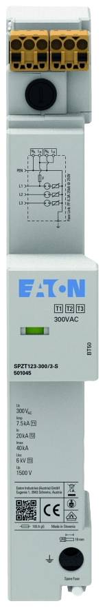 Et Eaton beskyttelsesmodul til 230V AC med ledningsdiagram på forsiden, CE-certificering og tekniske specifikationer.