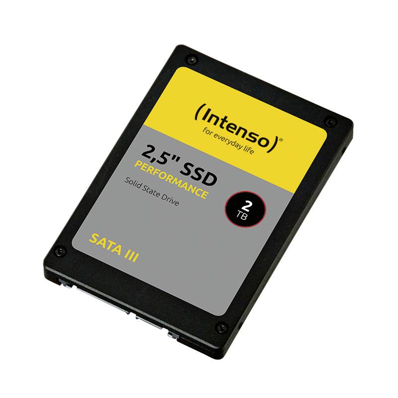 En grå og gul 2,5 tommer SATA III SSD fra mærket Intenso med 2 TB kapacitet, mærket som 'Performance Solid State Drive'.