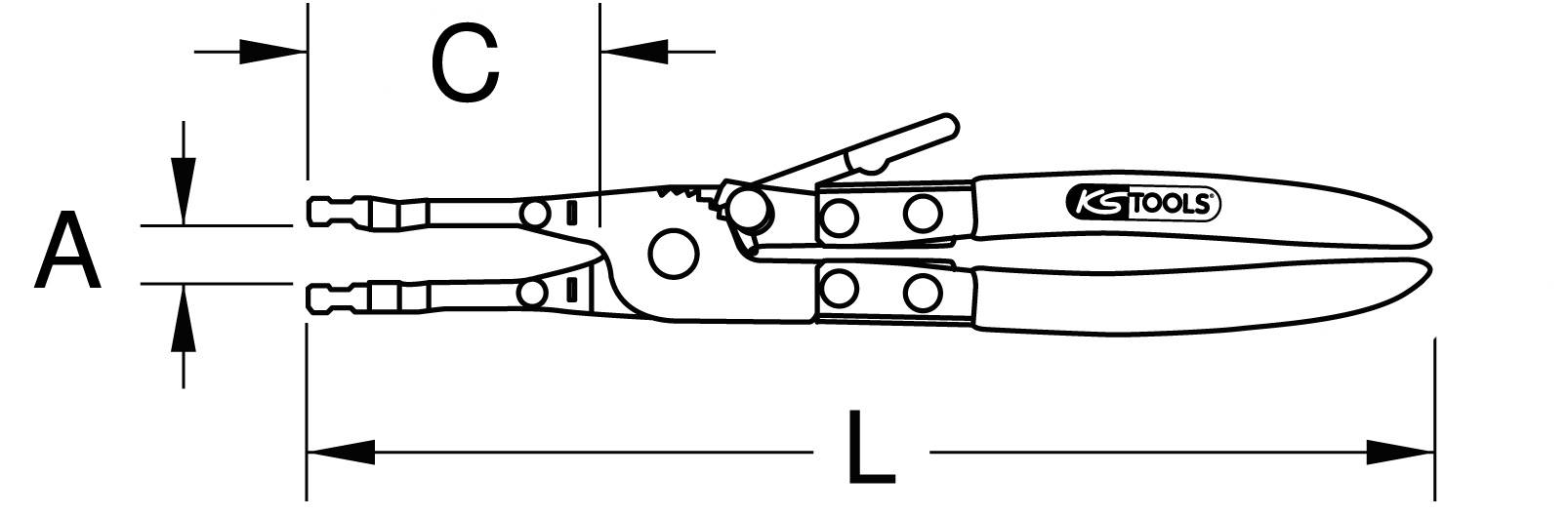 Illustration af en lang spidstang fra KS Tools, med markerede længder A, C og L, viser konstruktionsmål til tekniske specifikationer.