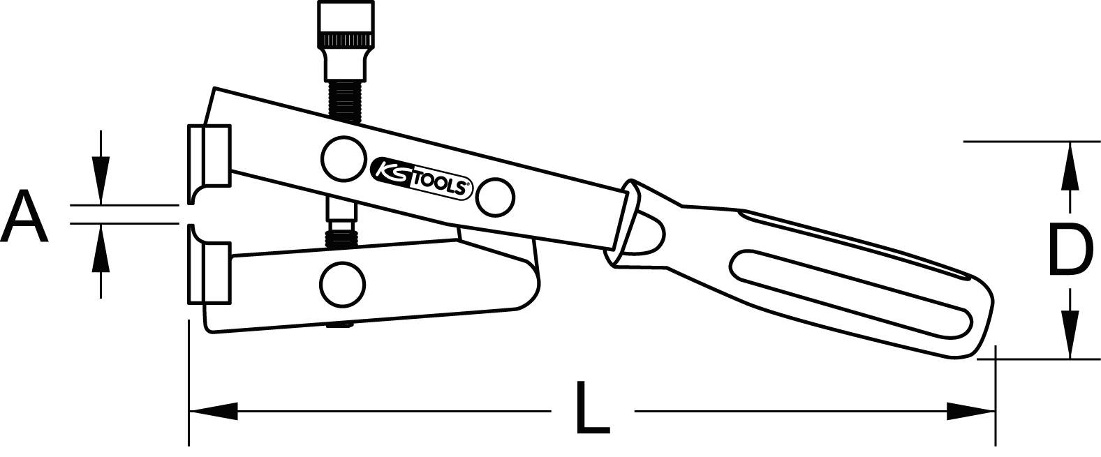 Et diagram over en universal tang med angivelse af målene 'A', 'L' og 'D', viser dimensionerne for grebene og åbningen.