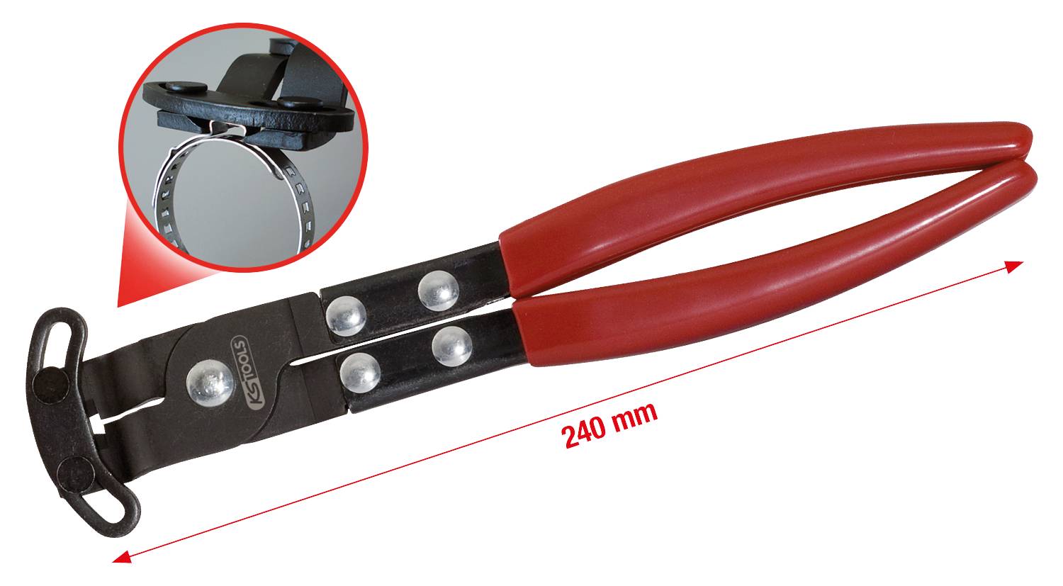 Specialtang med røde greb og integreret kniv til nem skæring af plastbånd. Længde: 240 mm.