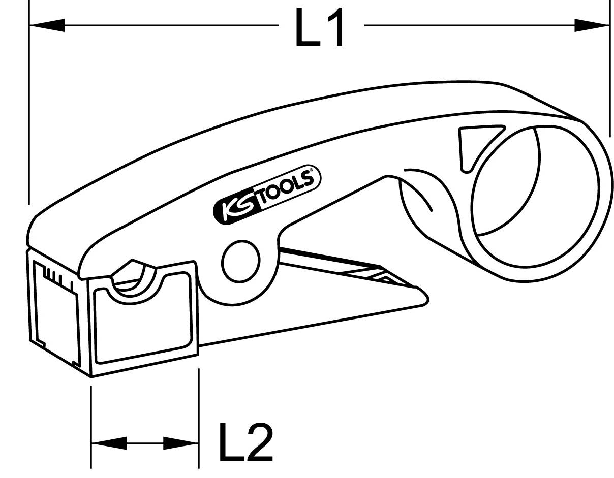 Sort-hvid diagram af en rørskærer med håndtag, klingeområde og længdemarkeringer 'L1' og 'L2'. Varemærkelogo 'KSTools' synligt.