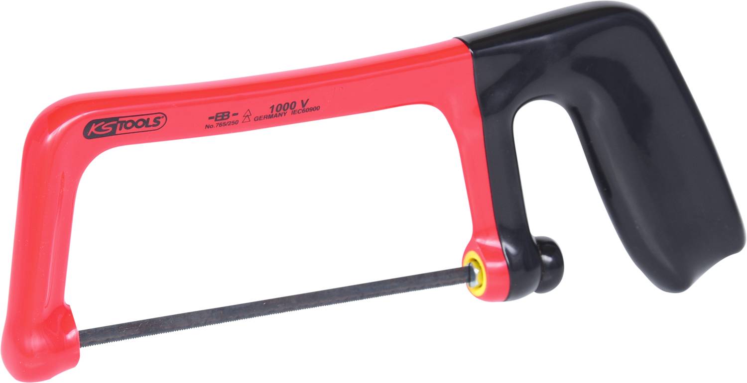 Rød og sort metalsav fra KS Tools med ergonomisk greb, velegnet til præcisionsskæring.