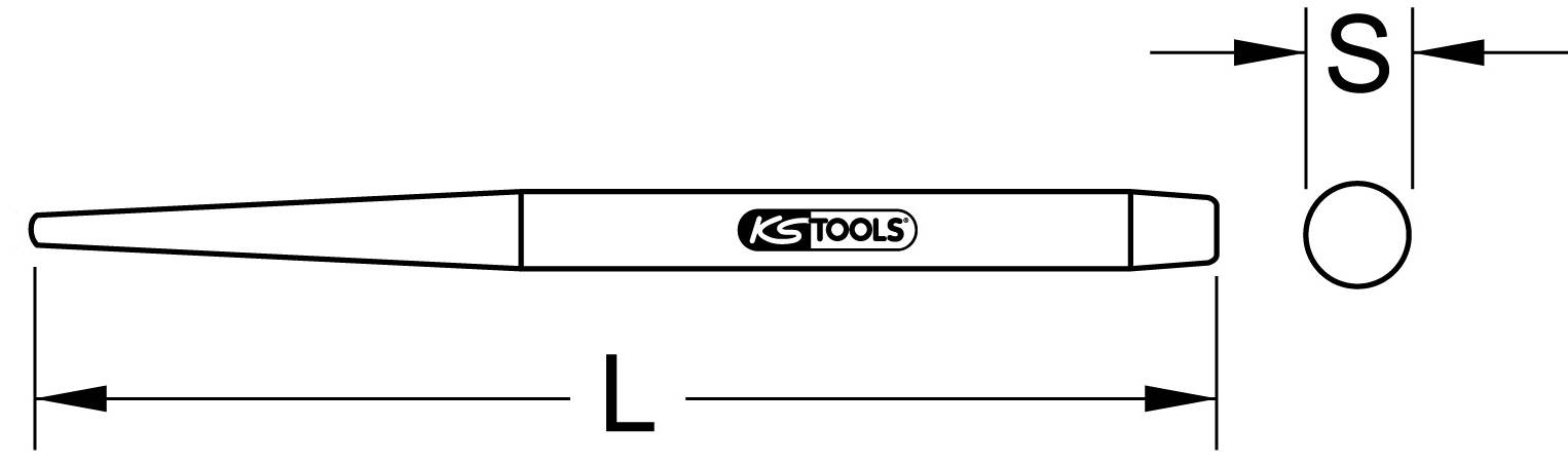 'KS Tools' Markeringsgennemslag, sidevise og øverste visning. Mål: Længde (L) og diameter (S) angivet.
