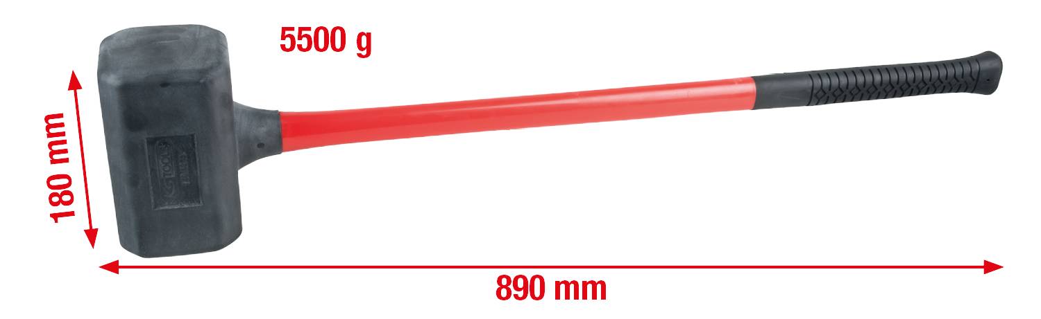 Stor slaghammermed plastgreb, 5500 g, 180 mm hovedlængde, 890 mm samlet længde.