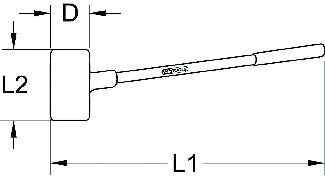 Teknisk tegning af en hammer med dimensionsangivelser: L1, L2 og D, samt 'KS TOOLS' på grebet.