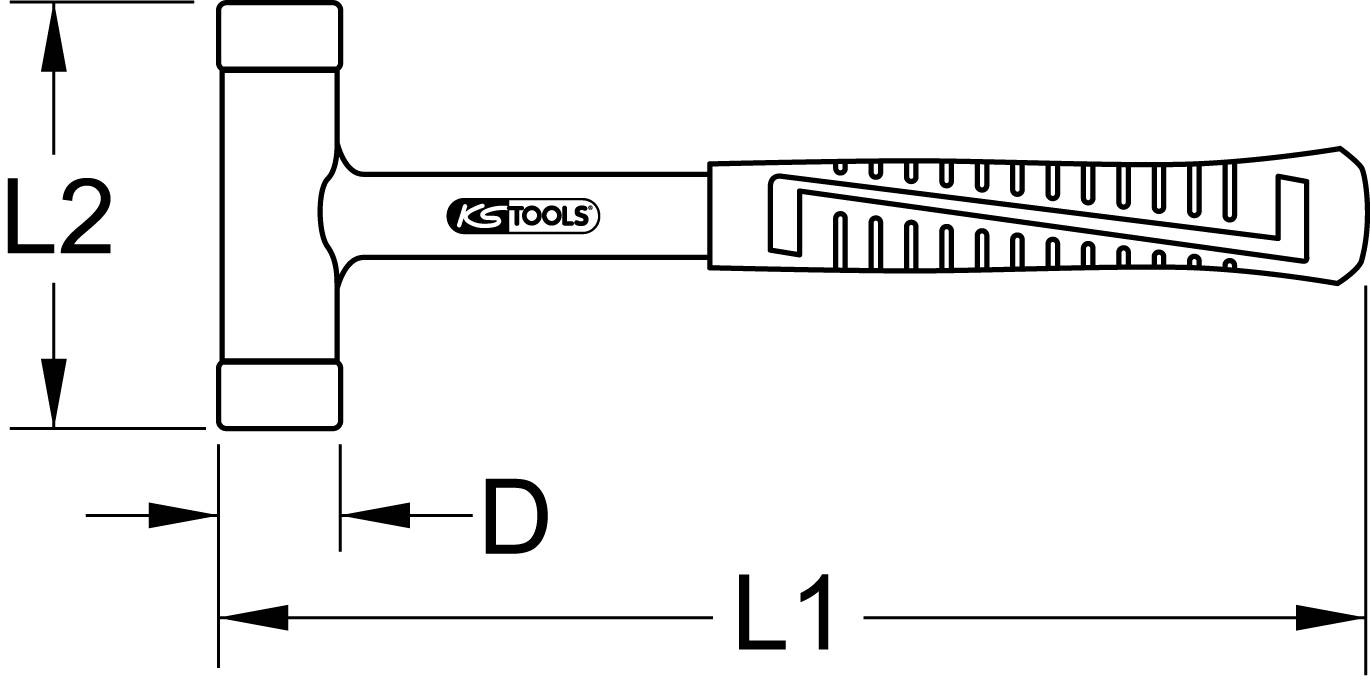 'Teknisk tegning af en hammer med mål: Længde L1, hovedbredde L2 og diameter D. KS Tools logo på hovedet.'