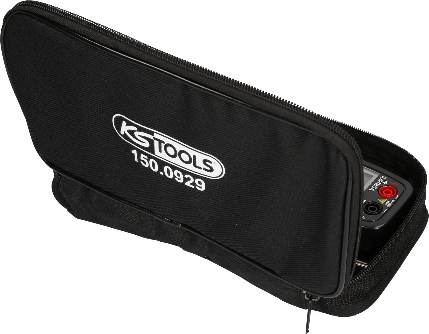 En sort taske fra KS Tools med modelnummeret 150.0929, let åbnet, viser ikke hele indholdet.