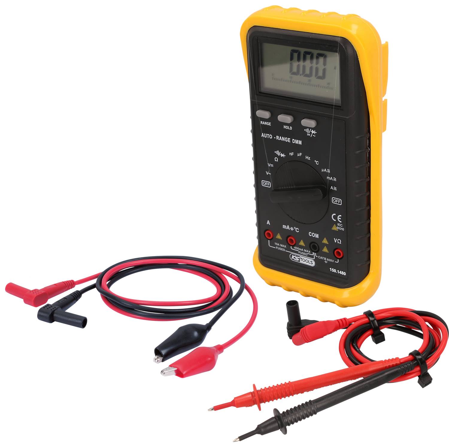 Digitalt multimeter med gult hus, viser '0.00' på displayet. Ved siden af røde og sorte målekabler med krokodilklemmer og målepinde.