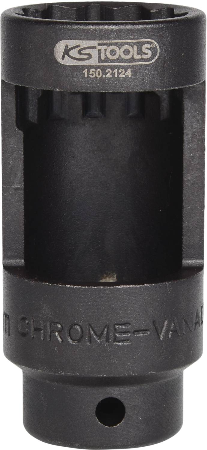 Topnøgle fra KS Tools, modelsnummer 150.2124, fremstillet af krom-vanadium, cylinderformet med en åbning i den ene ende.