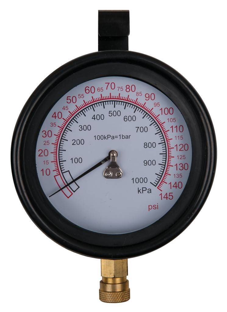 Rundt manometer med skala i kPa og psi. Viseren peger på omkring 280 kPa. Hvid baggrund, skala i sort og rødt.