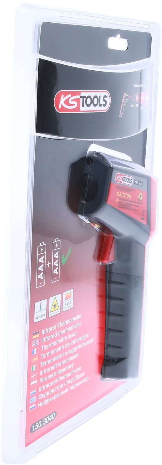 Emballage indeholdende et infrarødt termometer fra mærket KS Tools, egnet til temperaturmålinger. Inkluderer en vejledning på flere sprog.
