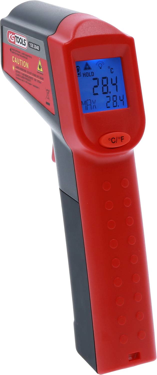 Et infrarødt temperaturmåleinstrument med rødt hus viser en aktuel temperatur på 28,4°C på en blå skærm.