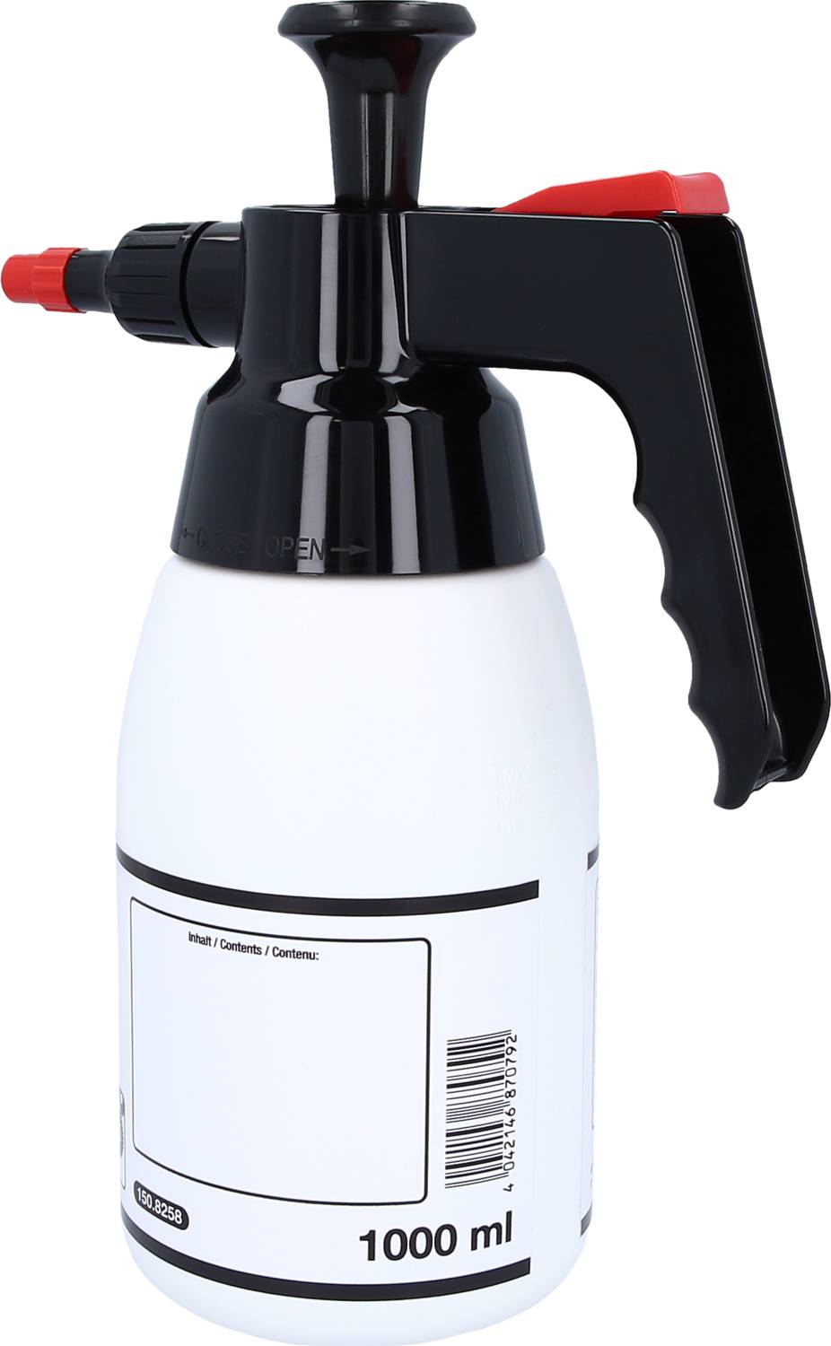 En hvid sprayflaske med sort trykhåndtag og rød dyse står oprejst. Beholderen har en kapacitet på 1000 ml.
