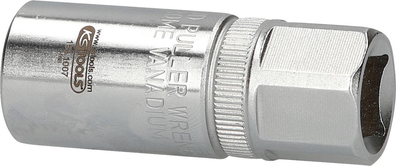 En sølvfarvet sekskantet stiftmøtrik af krom-vanadium-stål, cylinderformet med sekskantende og påskriften 'KS Tools'.