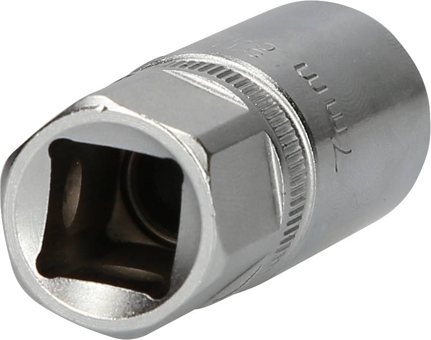 En sølv møtrik med 7 mm gravering, vist i en let skrå vinkel. Den er lavet af metal og har en sekskandet åbning.