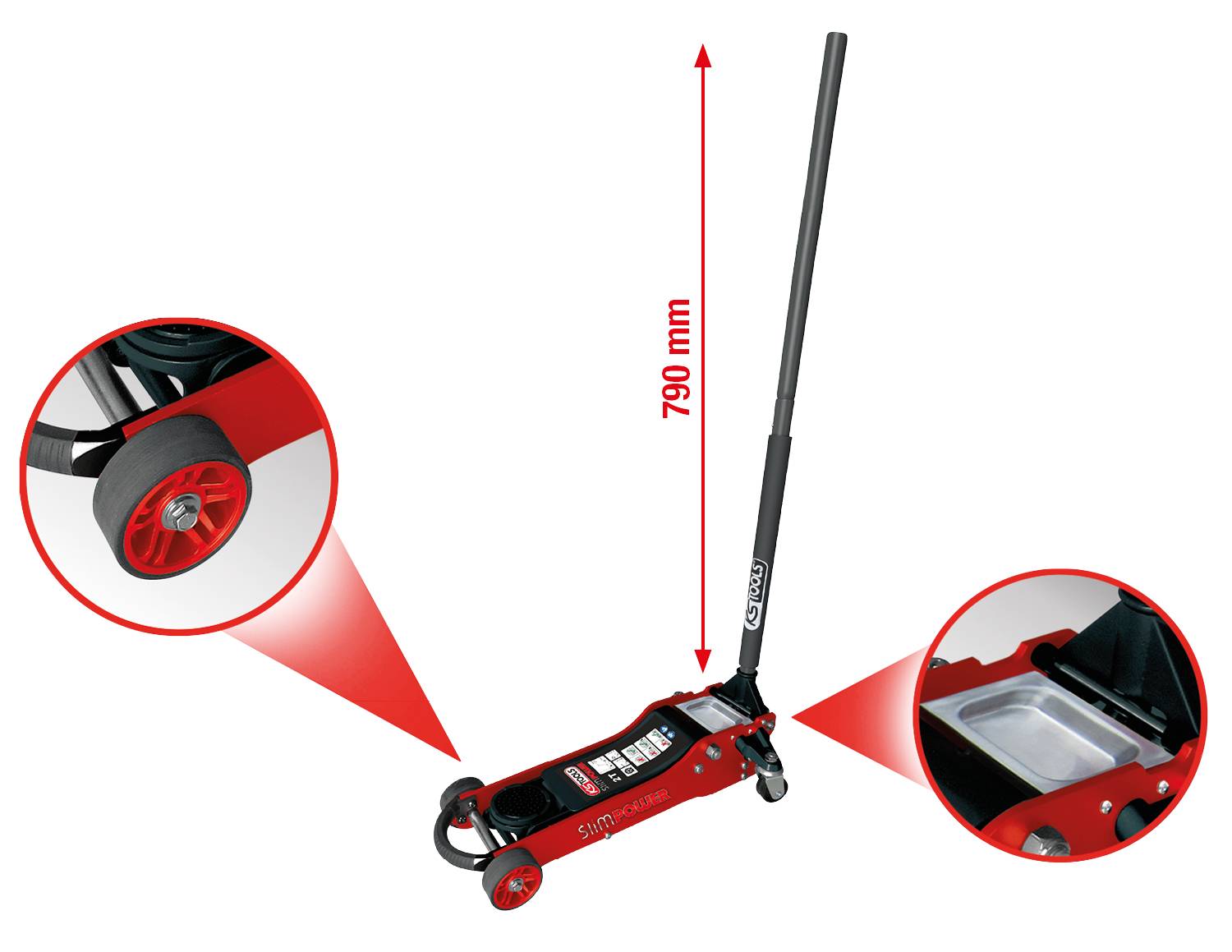 Rød donkraft med lang løftearm. Detaljer viser hjul og hydraulisk løfteområde. Pil markerer løftearmens højde: 790 mm.
