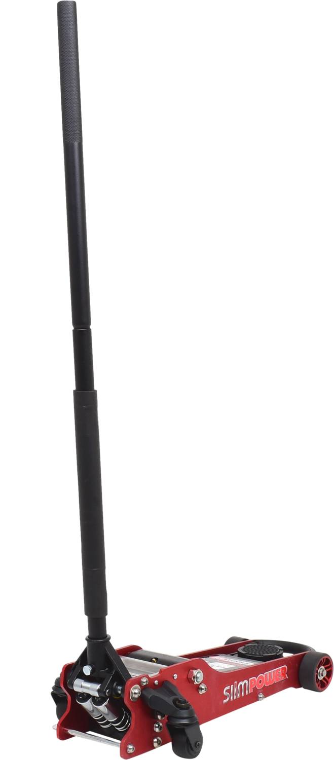 En rød donkraft med et langt håndtag, egnet til at løfte køretøjer. Den er forsynet med påskriften 'SIP Power'.