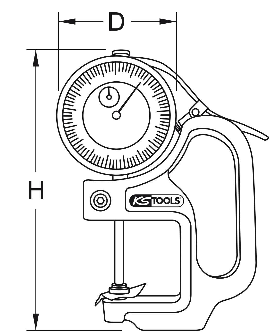 Tegning af et måleapparat med analog skala. Markeringer for højde (H) og diameter (D) er fremhævet.