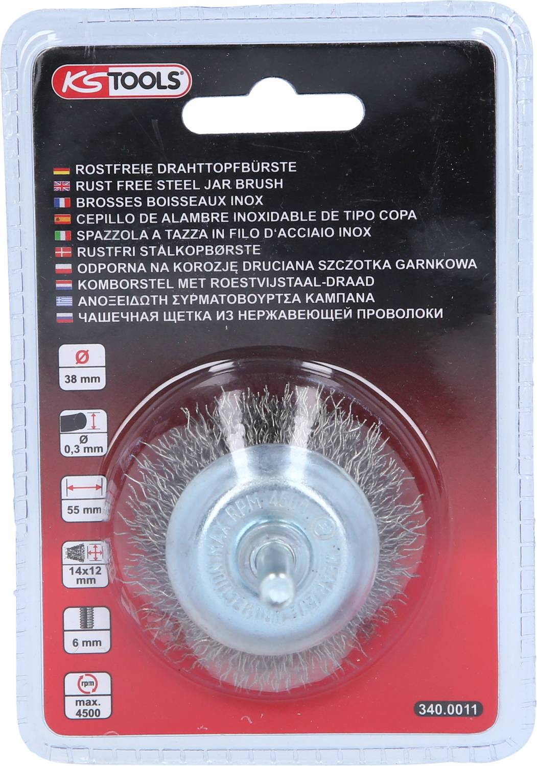 Værktøjsemballage med rustfri ståltrådsbørste fra KS Tools, diameter: 38 mm, maksimal omdrejningshastighed: 4500 o/min, til boremaskiner.