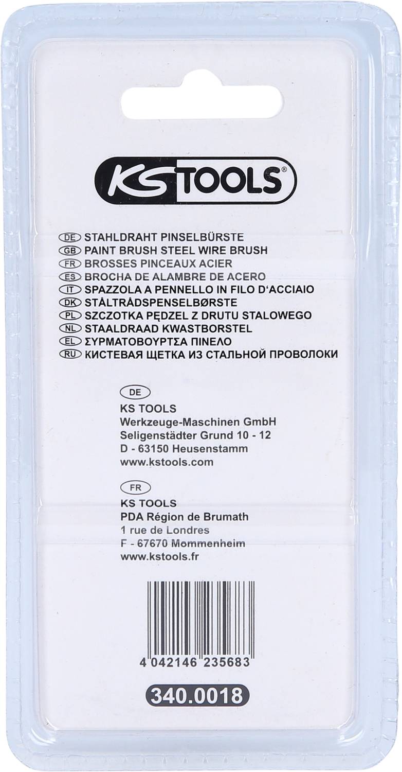'KS Tools' emballage med flere sproglige oversættelser for 'stålbørste'. Indeholder adresse og kontaktoplysninger for "KS Tools".