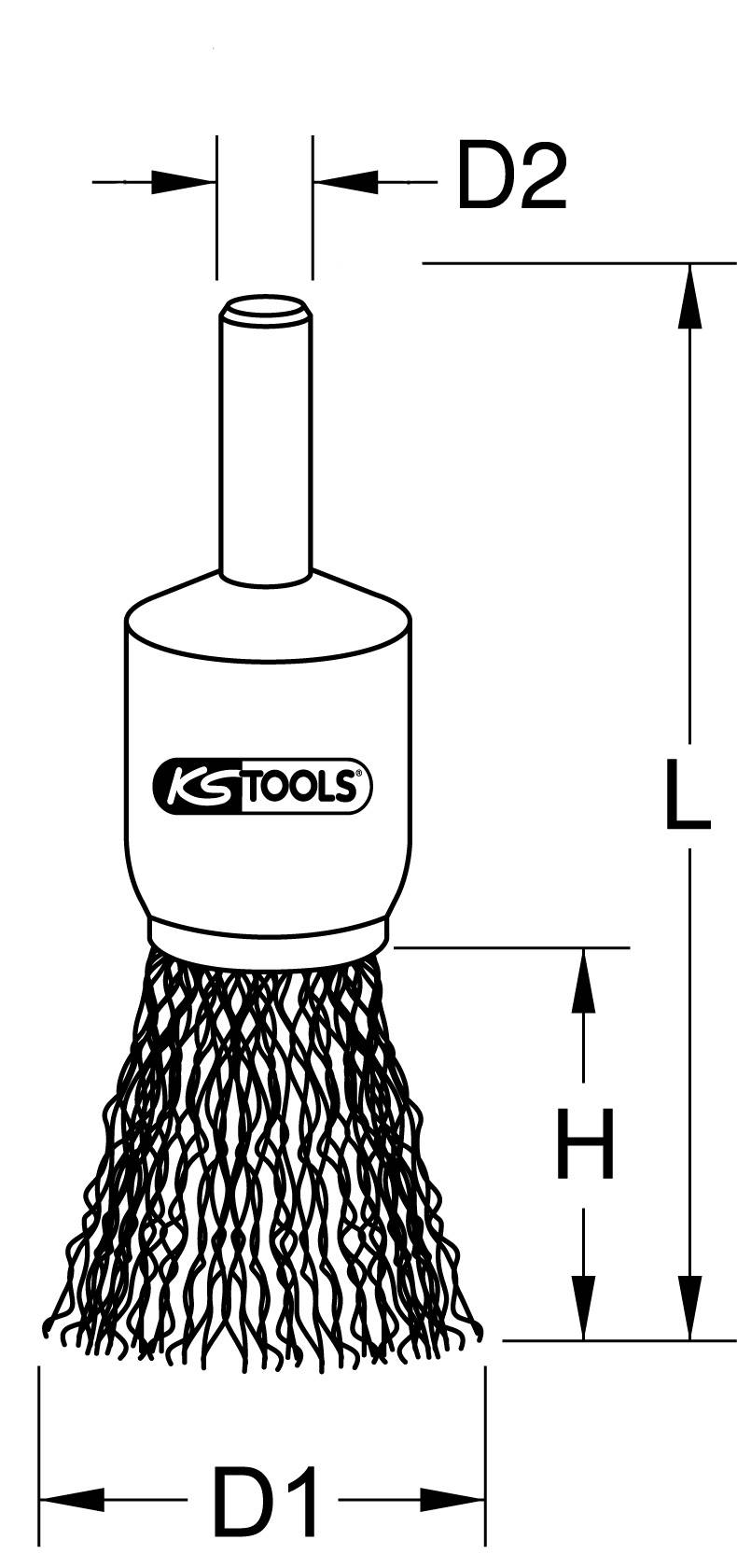 Wire brush from KS Tools with dimensions: Total length (L), Brush length (H), Diameter at top (D2) and bottom (D1) illustrated.