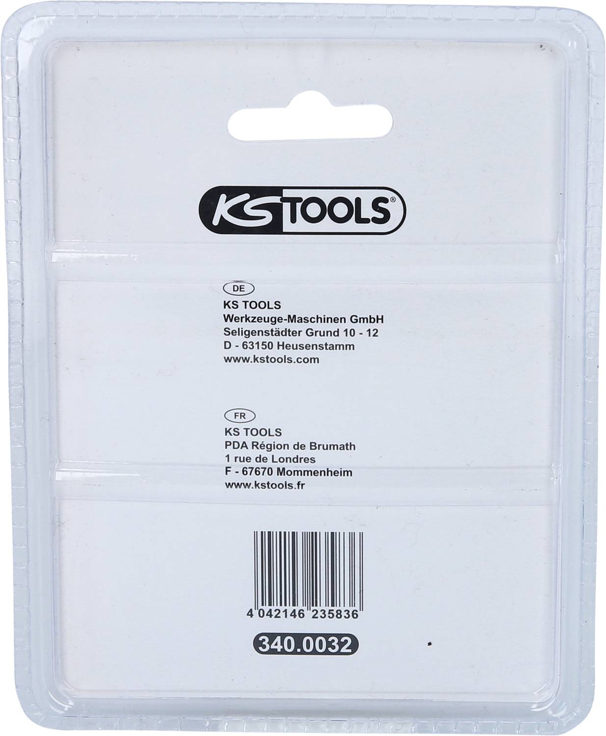 Emballagens bagside med KS Tools-logo og adresser i Tyskland og Frankrig, stregkode nederst, gennemsigtig plastikemballage.