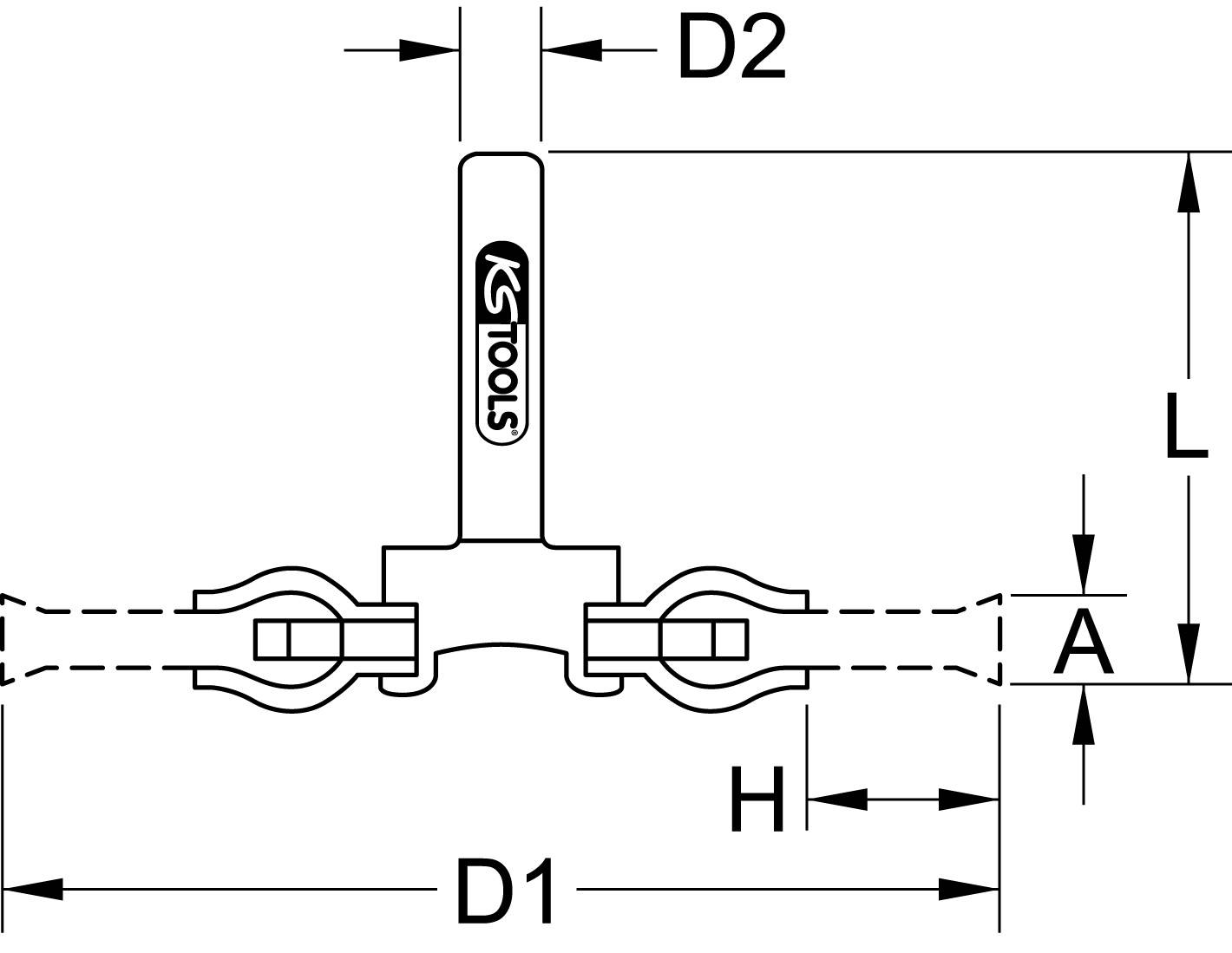 Teknisk tegning af en rørtilslutning med mål: D1, D2, L, H, A. Viser produktdetaljer og dimensioner. Mærket 'KS Tools'.