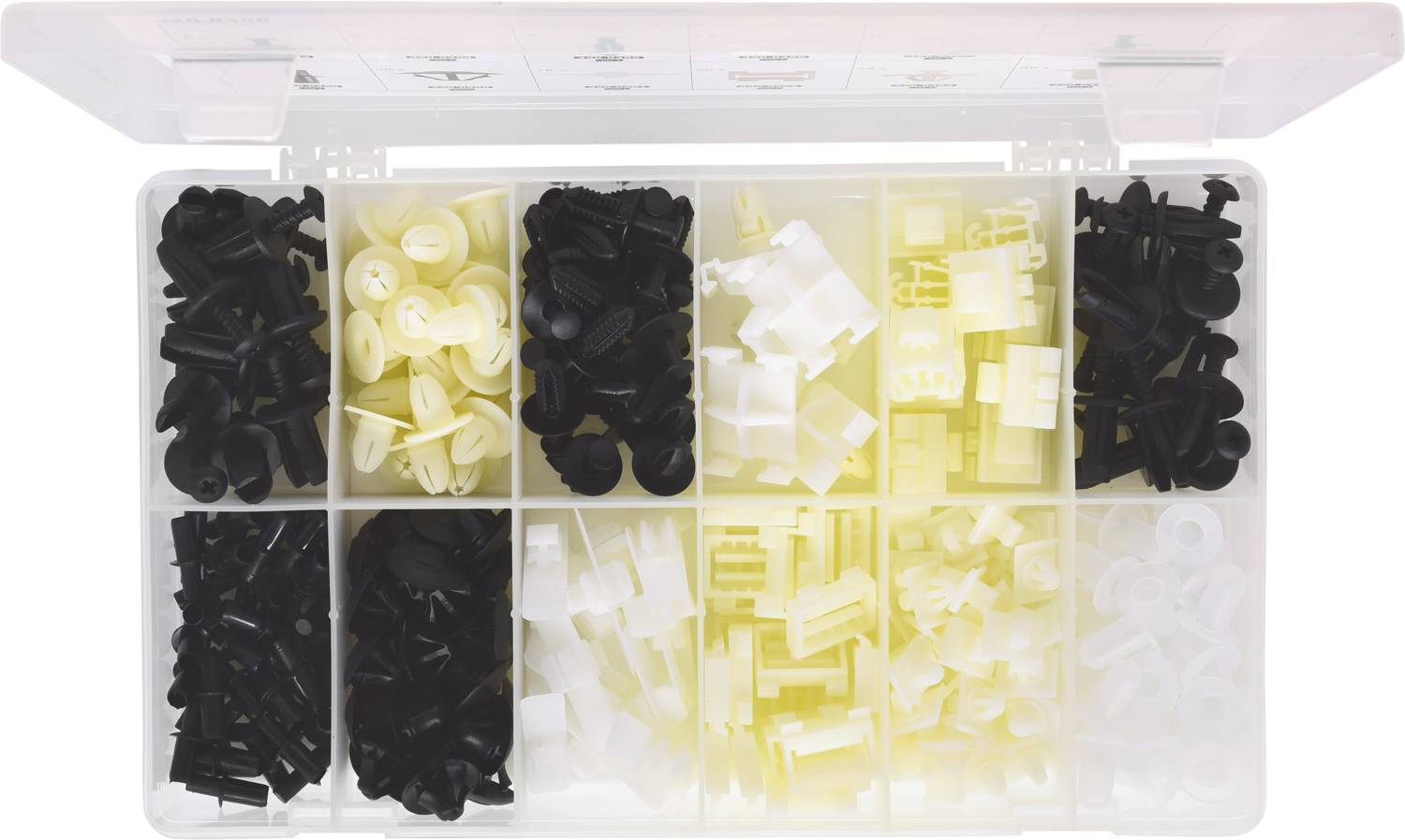 Plastboks med talrige sorte og hvide plastikfæstninger i ti rum, åben og set fra oven.
