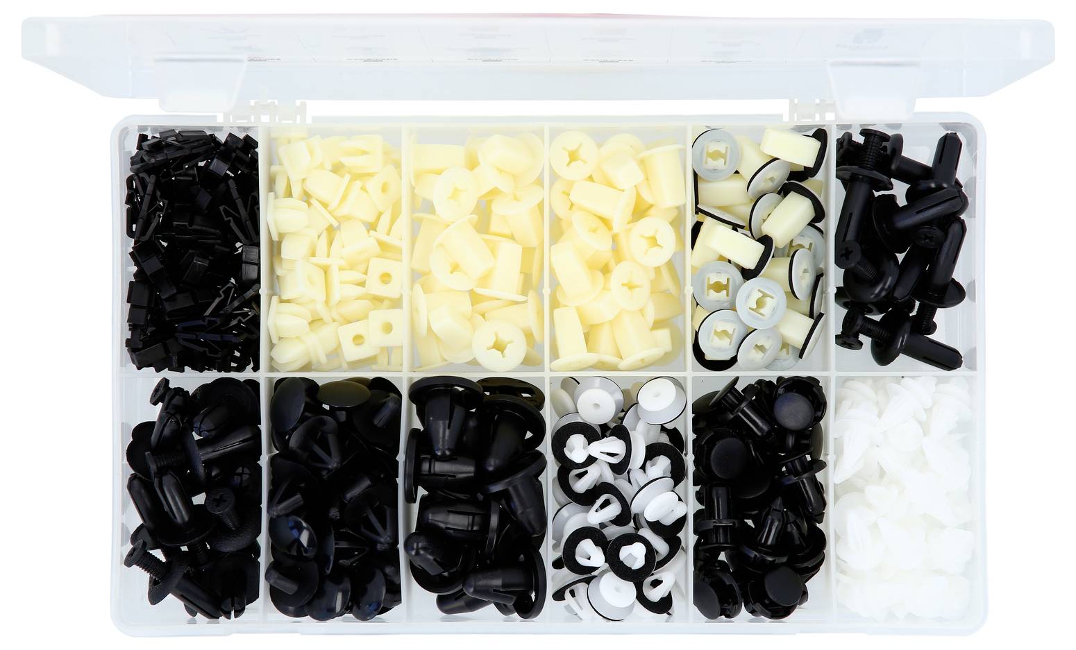 Plastikopbevaringskasse med assorterede sorte, hvide og cremefarvet plastik tryklukkere organiseret i separate fag.