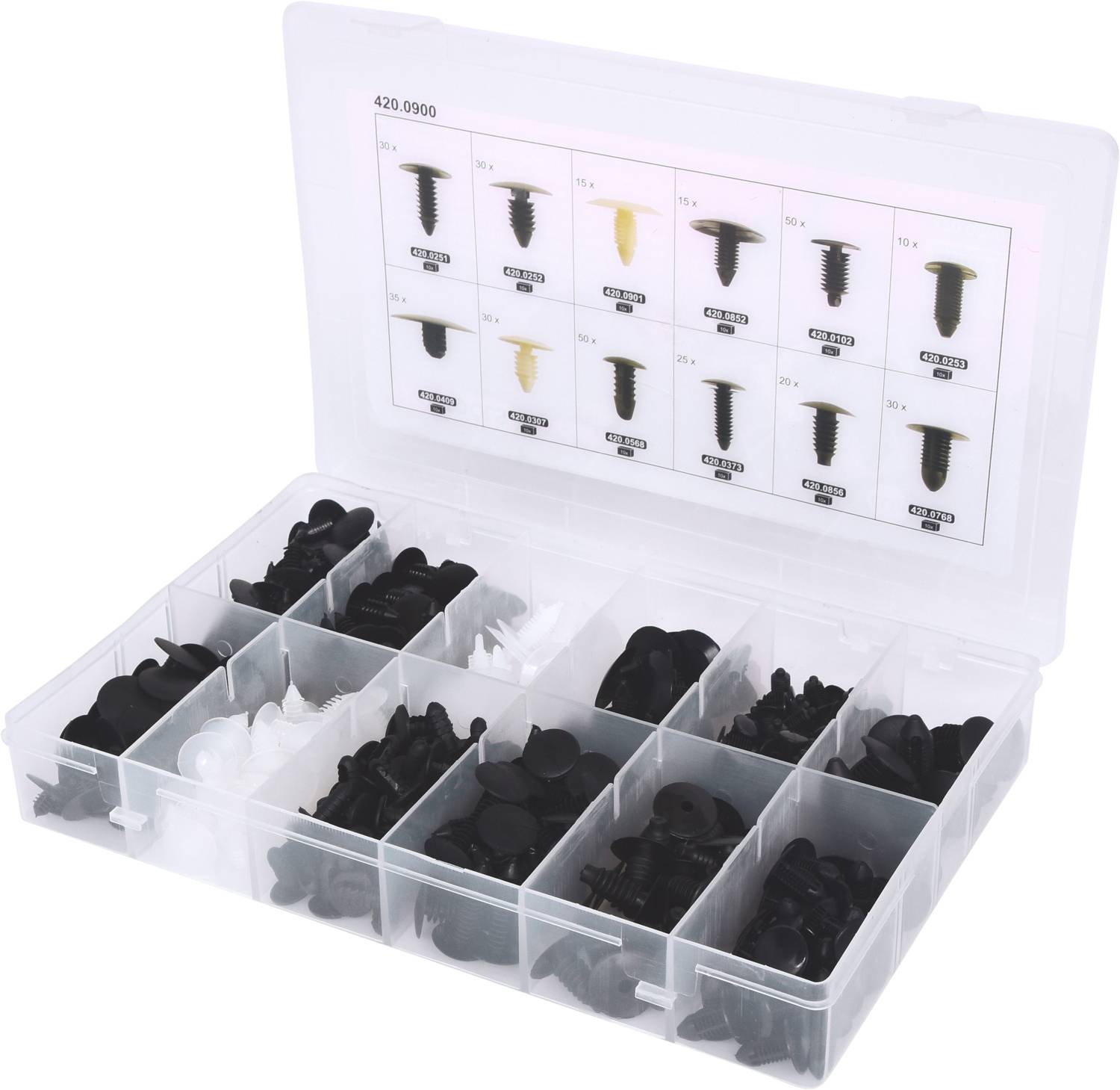 Plastboks med rum fyldt med forskellige sorte og hvide plastikfæsteelementer; låget viser størrelser og typeoversigt.