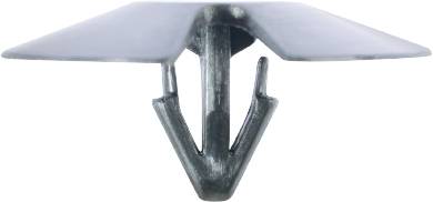 Metalbeslag med to buede kroge til fastgørelse af komponenter. Beslaget vist fra siden for at give et klart overblik over designet.