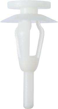 En hvid plastik-rawlplugs med en rund skive og to fleksible arme, som typisk bruges til letbyggede vægge.