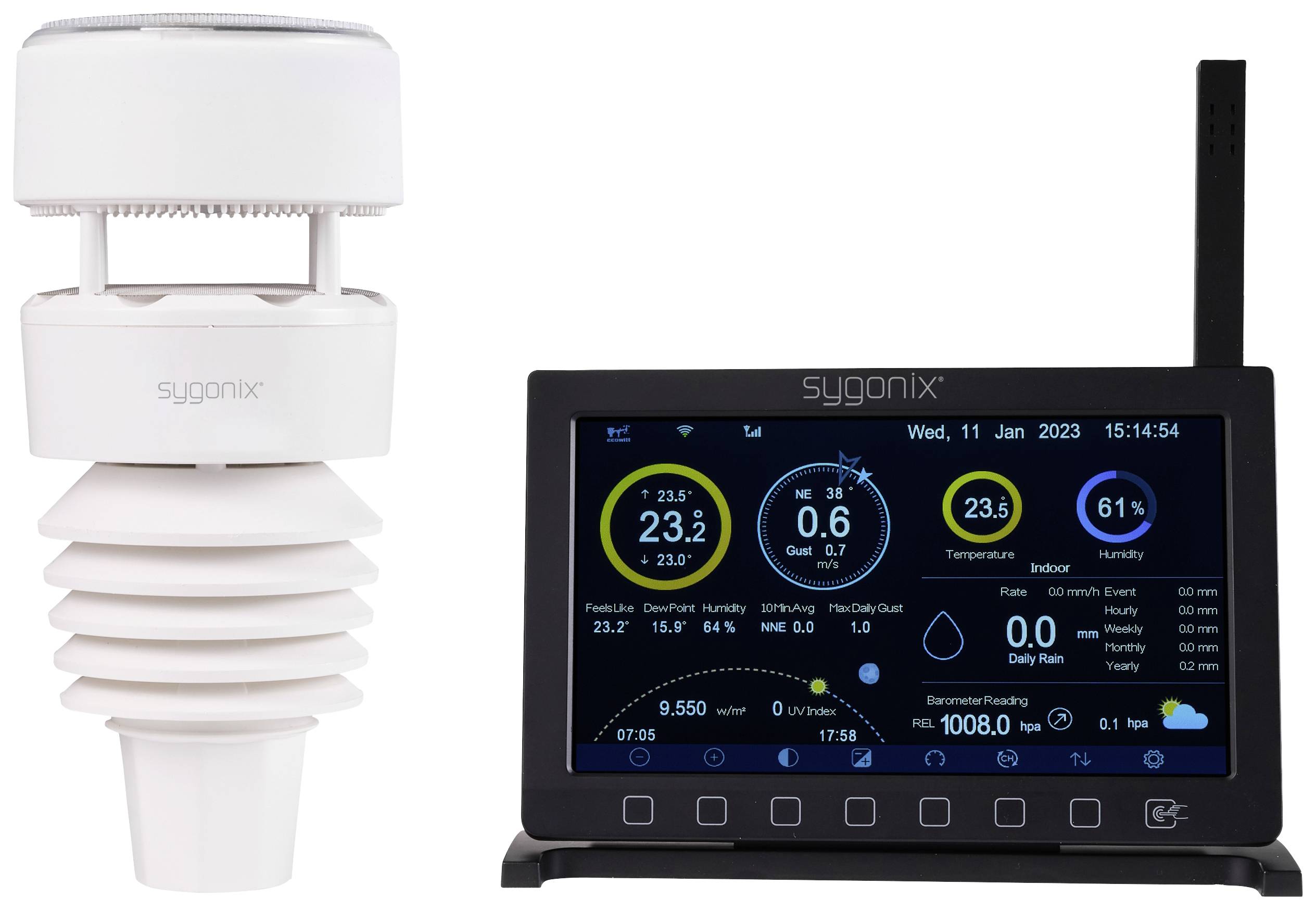 Vejrstation med sensor og display. Displayet viser temperatur, luftfugtighed, lufttryk og klokkeslæt.