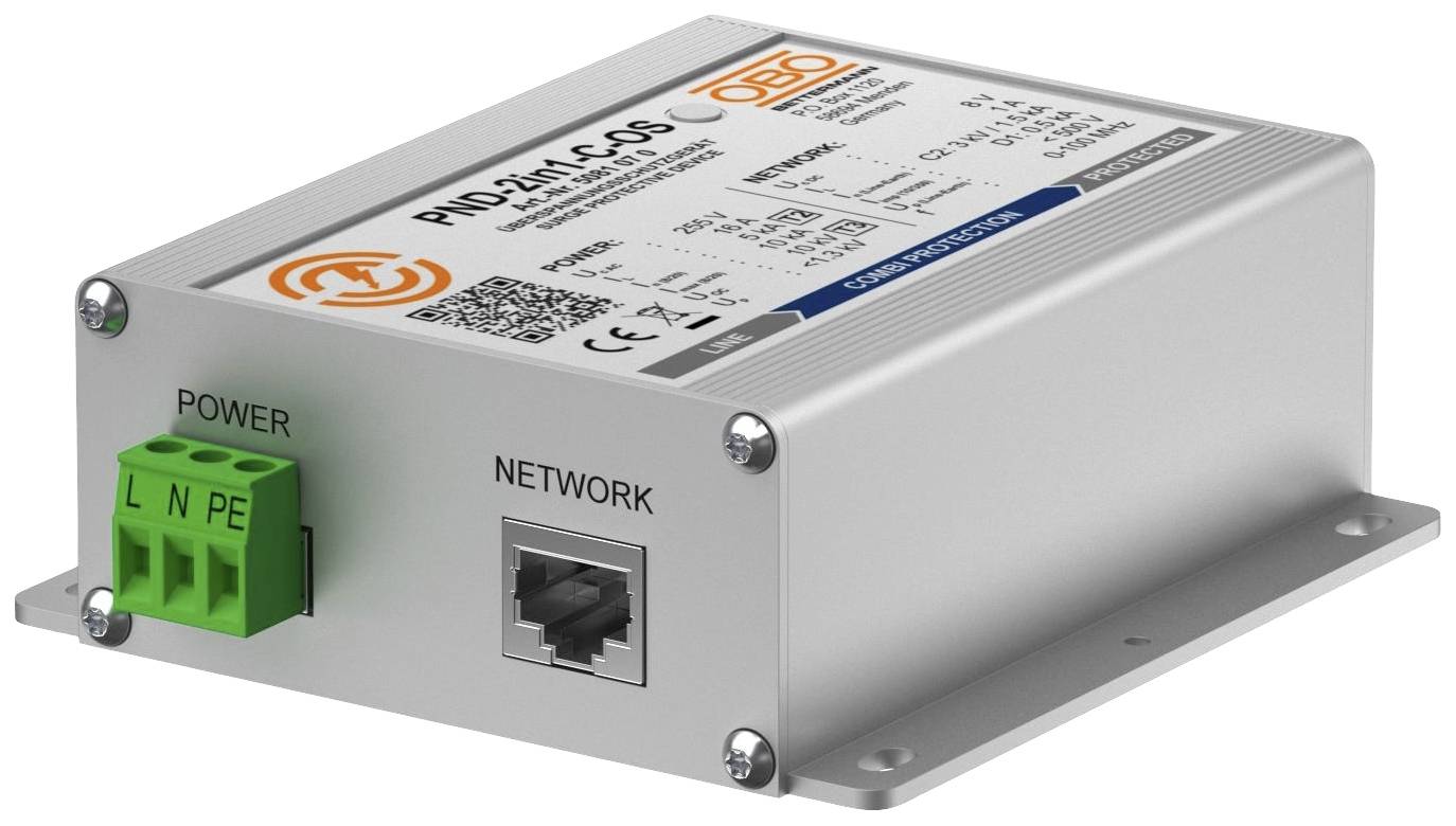 En lille, rektangulær elektronisk enhed med et netværksstik og et strømstik, mærket med 'POWER' og 'NETWORK'.