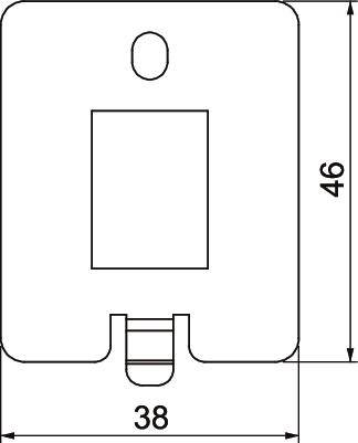 Teknisk tegning af en rektangulær plade med dimensionerne 46 x 38 mm. Foroven er et cirkulært hul, forneden en udskæring.